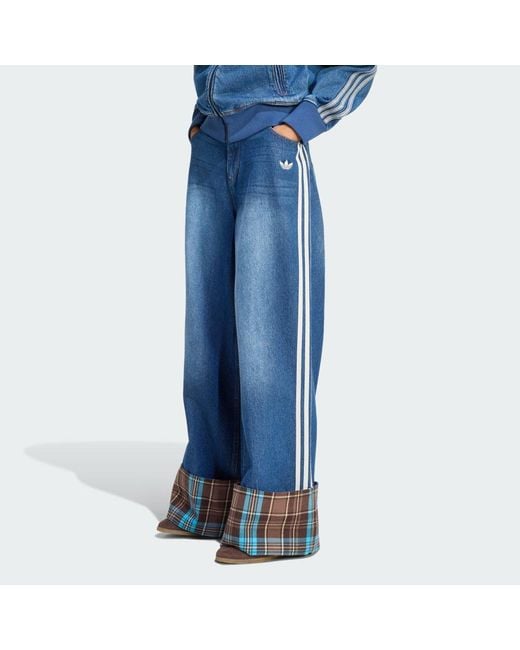 Adidas Blue Vintage Wide Leg Jeans With Checked Seam