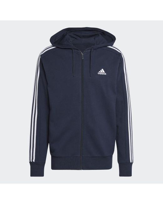 Adidas Blue Essentials French Terry 3-stripes Full-zip Hoodie for men