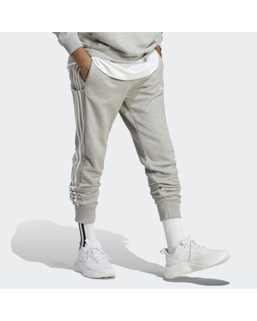 Adidas Gray Essentials French Terry Tapered Cuff 3-stripes Joggers for men