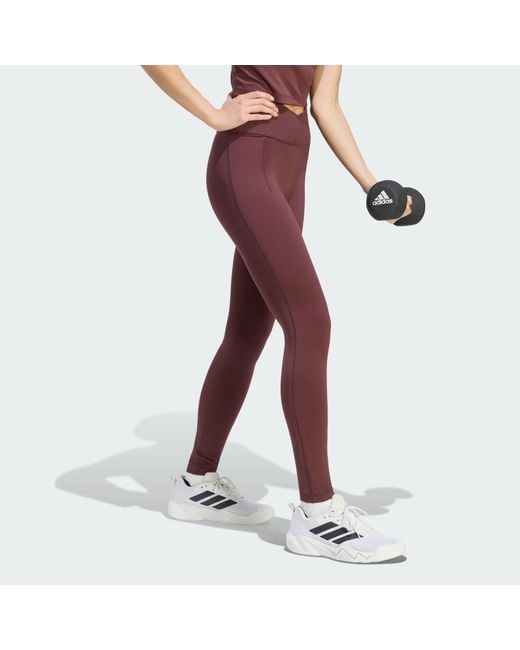 Adidas Red 3 Stripes Studio All Me X-Over Stash Pocket Leggings