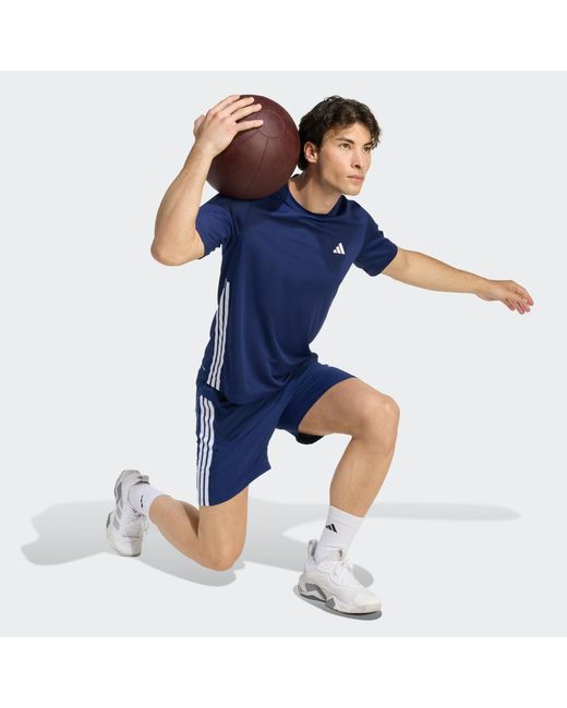 Adidas Blue Workout Essentials Base 3-Stripes T-Shirt for men