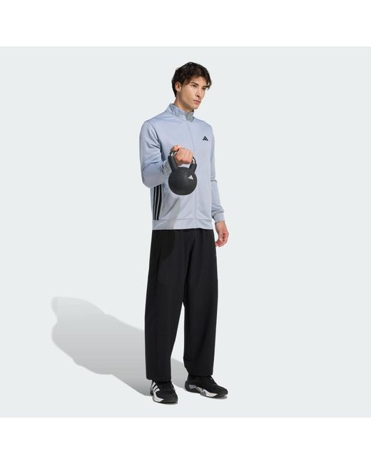 Adidas Blue Workout Essentials All-Set 3-Stripes Knit Track Top for men