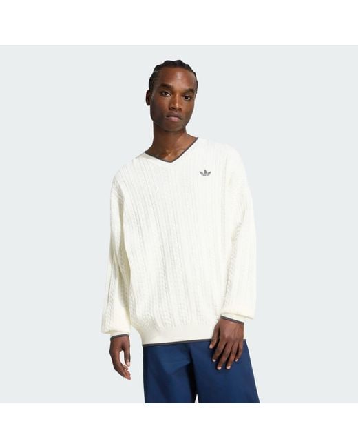 Adidas White Cable Knit V-Neck Sweatshirt for men