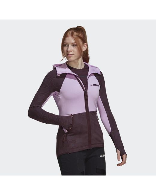 Adidas Purple Terrex Tech Flooce Hooded Hiking Fleece Jacket