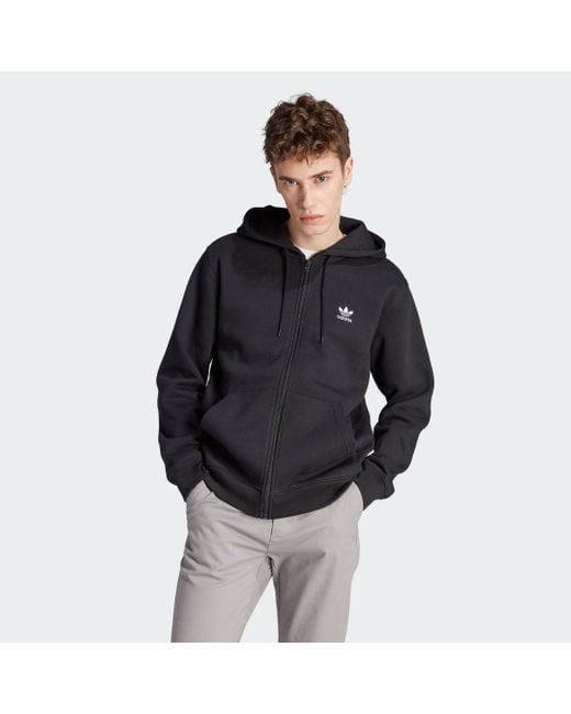 Adidas Black Trefoil Essentials Full-Zip Hoodie for men