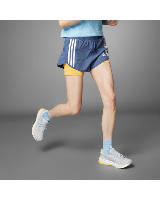Adidas Blue Own The Run 3-stripes 2-in-1 Shorts
