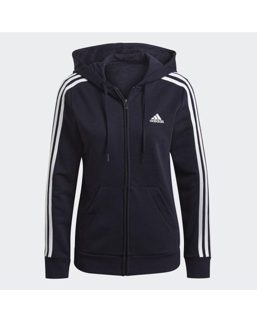 Adidas Blue Essentials French Terry 3-Stripes Full-Zip Hoodie