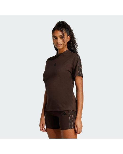 Adidas Brown Seasonal Essentials Leopard Print T-Shirt With 3-Stripes