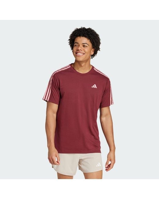 Adidas Red Own The Run 3-Stripes Tee for men