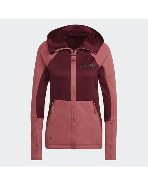 Adidas Red Terrex Tech Flooce Hooded Hiking Fleece Jacket