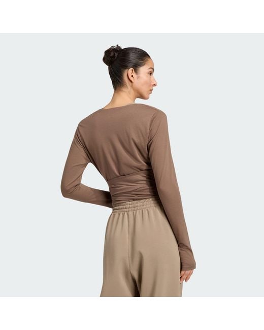 Adidas Brown T-Shirt Adidas 3-Stripes Studio Soft Ballet Wrap Top Earth Strata/ Glow