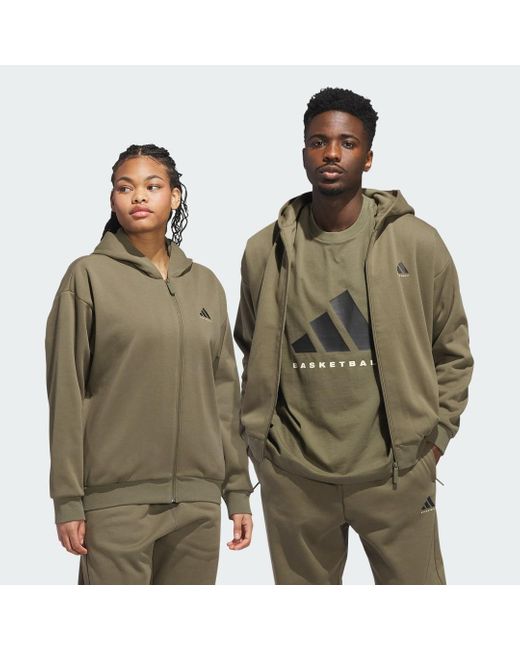 Felpa Con Cappuccio E Zip Integrale Da Basket di Adidas in Green