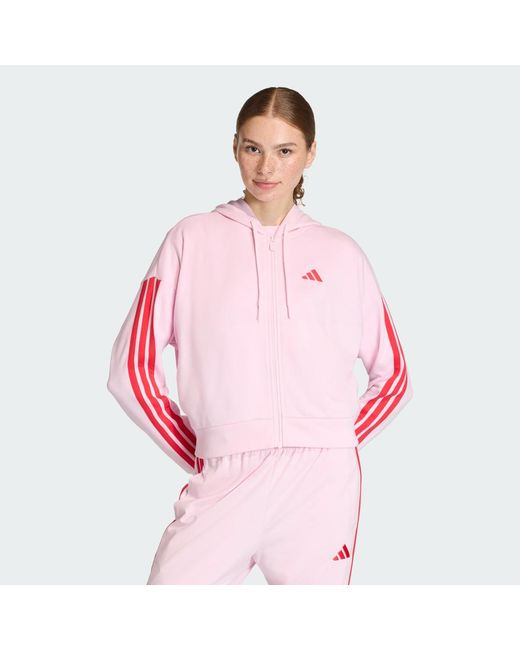 Adidas Pink Essentials 3-Stripes French Terry Full-Zip Hoodie