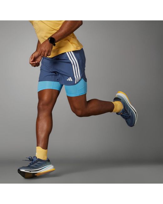 Adidas Blue Own The Run 3-Stripes 2-In-1 Shorts for men