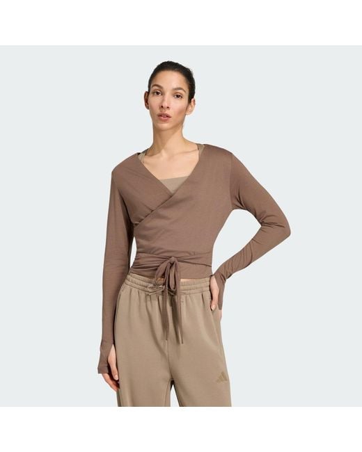 Adidas Brown T-Shirt Adidas 3-Stripes Studio Soft Ballet Wrap Top Earth Strata/ Glow