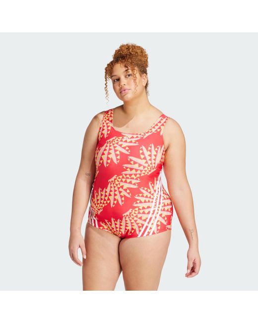 Adidas Red Farm Rio 3-stripes Clx Swimsuit (plus Size)