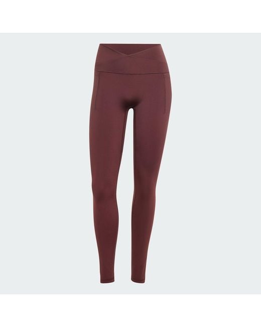 Adidas Red 3 Stripes Studio All Me X-Over Stash Pocket Leggings