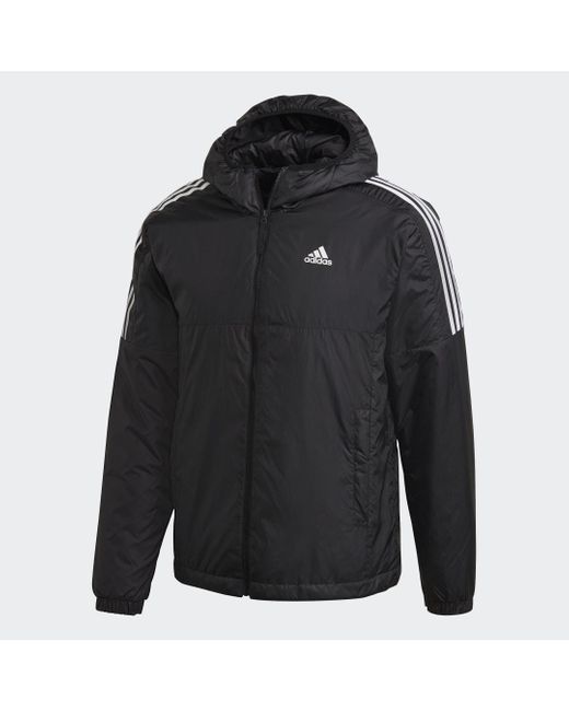 Adidas Black 3 Stripe Essential Waterproof Wind Resistant Long Sleeve Puffer Jacket for men