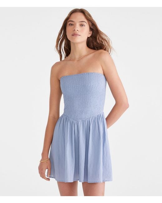 Aéropostale Blue Solid Strapless V-Waist Mini Dress