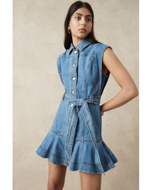 button ruffle hem denim dress