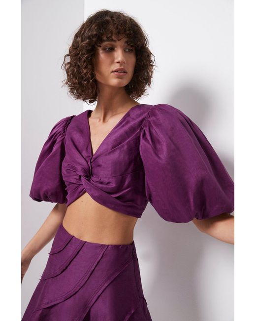 Aje. Linen Reverb Puff Sleeve Cropped Top in Violet (Purple) | Lyst