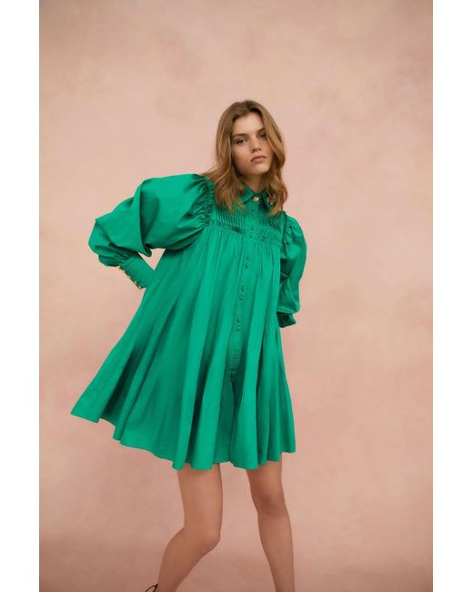 Aje. Cotton Tidal Tucked Smock Mini Dress in Emerald Green (Green) | Lyst