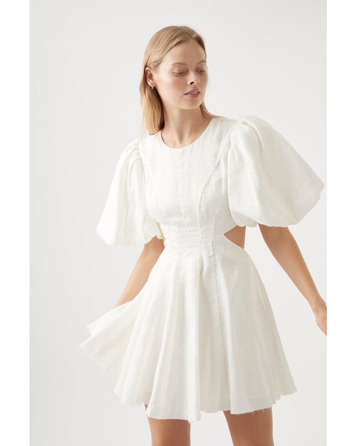 Aje. Linen Renee Puff Sleeve Bead Mini Dress in Ivory (White) | Lyst