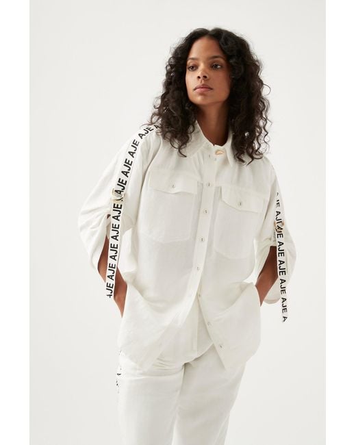 Aje. Linen Signal Logo Mid Sleeve Shirt in Ivory (White) | Lyst