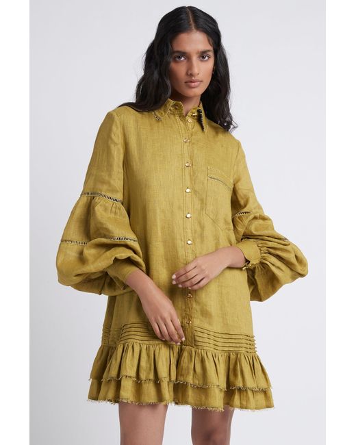 Aje. Linen Lotus Shirt Dress in Olive 