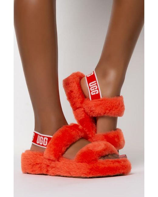 UGG Denim Womens Oh Yeah Fluff Slide Sandal in Red - Lyst