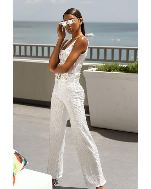 Rhinestone Belted Wide Leg Pant 