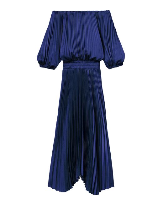 sienna satin pleated off shoulder dress A.L.C. Sienna Pleated Off-The-Shoulder Midi Dress