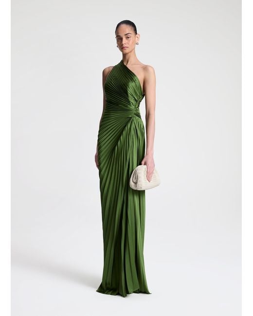 green pleated one shoulder dress Plus One-Shoulder Satin Gown with Pleated Shoulders, Crisscross Back Dark Green / 2XL main image 0