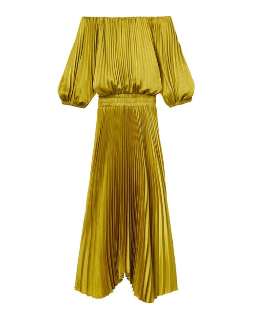 A.L.C. Yellow Sienna Satin Pleated Off Shoulder Dress