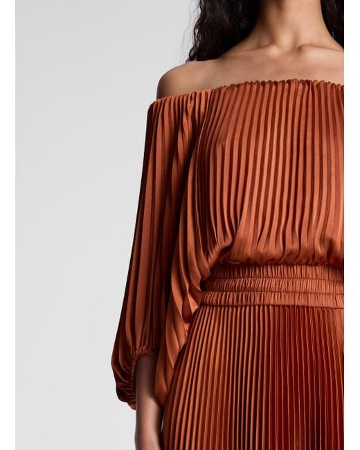 A.L.C. Sienna Satin Pleated Off Shoulder Midi Dress in Red | Lyst