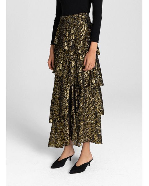 A.L.C. Black Tiered Gold Foil Maxi Skirt
