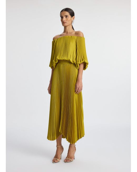 A.L.C. Yellow Sienna Satin Pleated Off Shoulder Dress