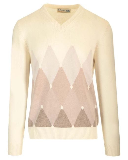 Ballantyne Men's Natural Double Yarn Cashmere Diamond Sweater