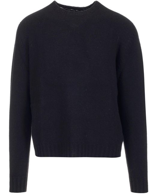 Palm Angels Blue Wool Sweater With White Curved Logo On The Back for men