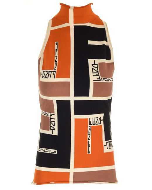 Fendi Orange Fitted Top With Ff Puzzle Motif