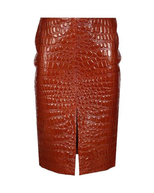 Saint Laurent Red Crocodile Embossed Leather Skirt
