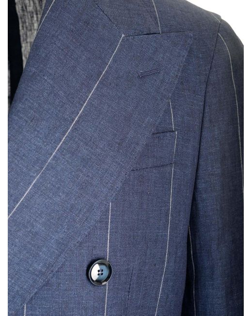 Al Duca D'aosta Blue Linen Double-breasted Jacket for men