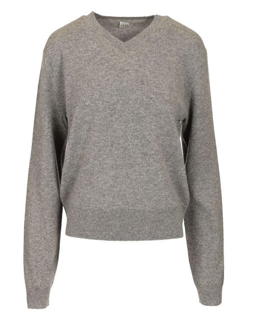 Totême  Gray Cashmere V-Necked Jumper