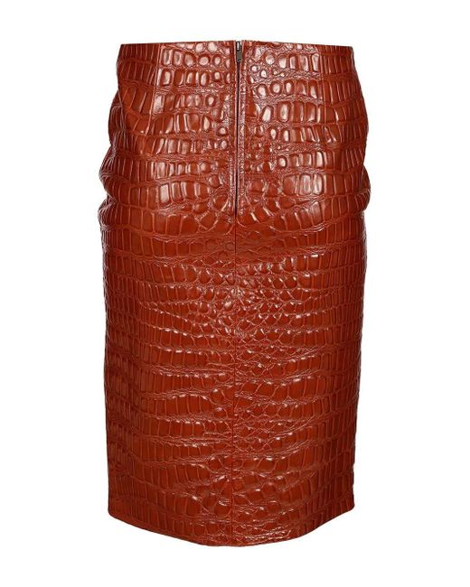 Saint Laurent Red Crocodile Embossed Leather Skirt