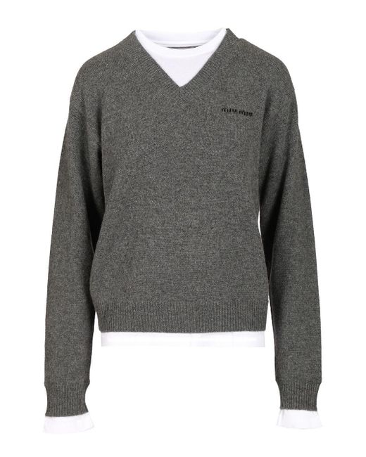 Miu Miu Gray Cashmere V-neck Sweater