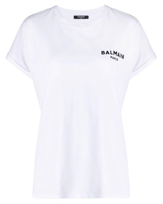 Balmain White Flocked-logo T-shirt