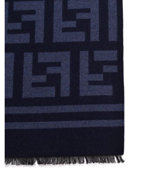 Fendi Blue Monogram Scarf In Wool And Silk