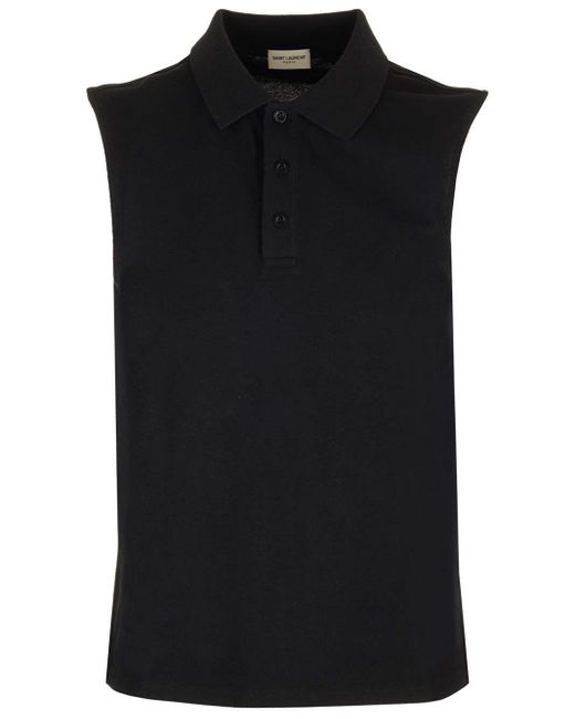 Saint Laurent Black "cassandre" Sleeveless Piqué Polo Shirt for men