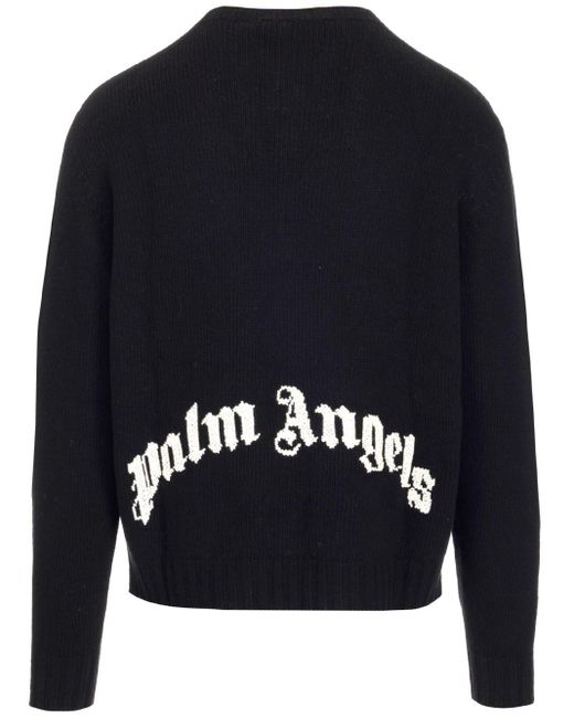 Palm Angels Blue Wool Sweater With White Curved Logo On The Back for men