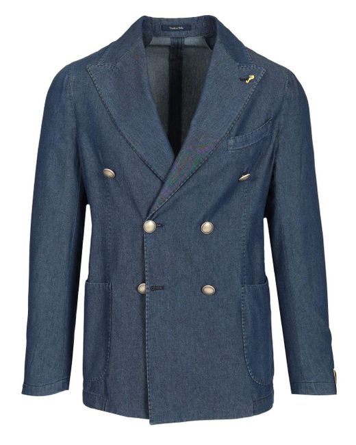 Guarinucci Blue Double-breasted Blazer In Washed Denim for men